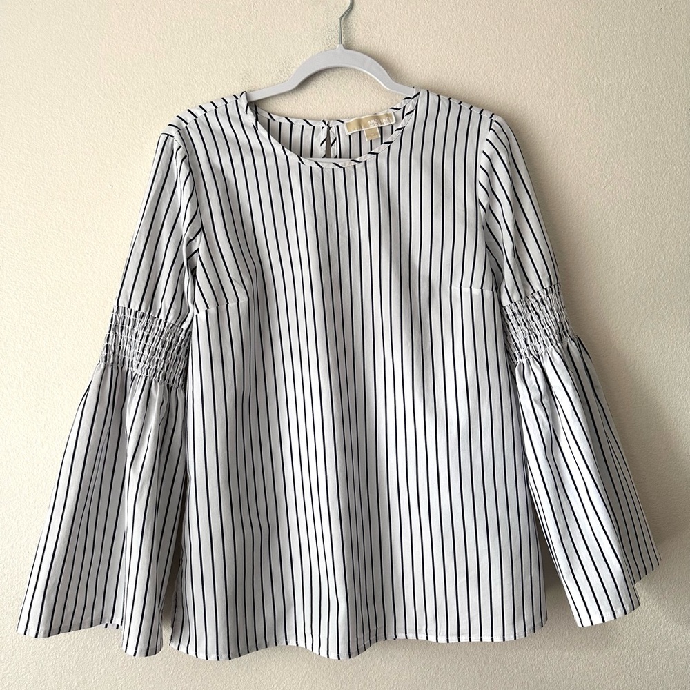 Michael Kors MK Women's Black & White Stripe Top Long Bell Sleeve Top Shirt Sz M